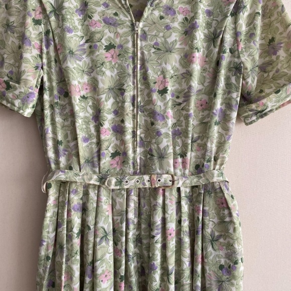Vintage 1960s/50s Shelton Stroller Green Floral Belted Circle Skirt Dress M/L - Picture 14 of 15
